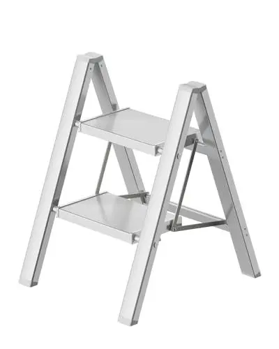Produktbild: Ladnamy 2 Stufen Leiter Aluminium klappleiter Trittleiter 2 Stufen Klappbar, Kleine Tritthocker mit Breitem & Anti-Rutsch Pedal, Maximale Tragfähigkeit 150KG (Silber)