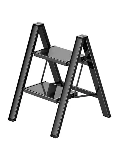 Produktbild: Ladnamy 2 Stufen Leiter Schwarz Aluminium klappleiter Trittleiter 2 Stufen Klappbar Leicht Tritthocker mit breitem Anti-Rutsch Pedal, Maximale Tragfähigkeit 150KG