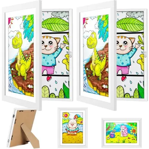 Produktbild: LADYSONS Bilderrahmen Kinderzeichnungen A4 | 2 Stück Bilderrahmen für Kinderzeichnungen | Aufklappbar Mit Wand & Standfunktion | Ideal für Kinderzeichnungen/Kunstwerken, Schule, Zuhause (Weiß)