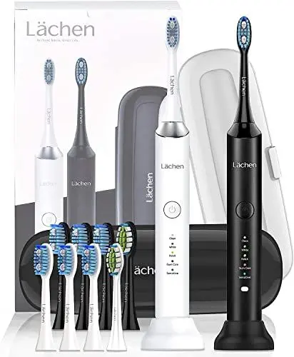 Produktbild: Lächen Elektrische Zahnbürste Doppelpack 一 RM-H9, mit 2 Schallzahnbürste Handstück und 2 Reise-Etui, 5 Modi mit 10 Aufsteckbürsten, Weiß & Schwarz