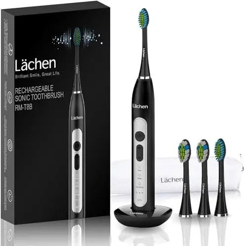 Produktbild: Lächen Sonic elektrische Zahnbürste Schallzahnbürste mit 4 Aufsteckbürsten und Timer, 3 Modi & 3 Vibrationsstärken mit Reisetasche (B-Schwarz)
