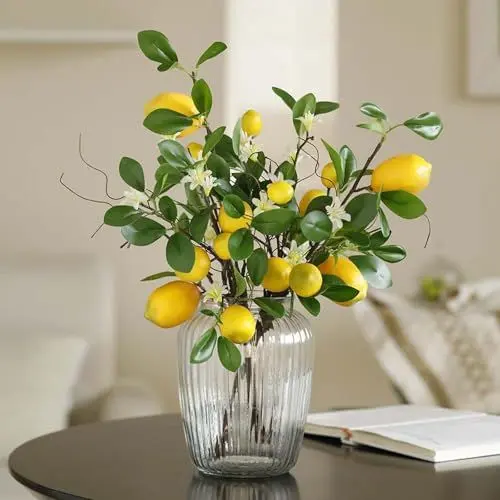 Produktbild: Laelfe Künstliche Zitronenzweig, 8 Köpfe Gelbe Künstliche Zitronen Deko Stiele mit Magnolienblüten und Weidenblättern, Pflanzen Zitronenbaum Künstlich für Zuhause, Küche, Tischdekoration