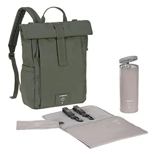 Produktbild: LÄSSIG Baby Wickelrucksack Wickeltasche Rucksack mit Wickelunterlage, Kinderwagenbefestigung, Flaschenhalter nachhaltig produziert/GRE Rolltop Up Backpack olive