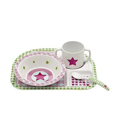 Produktbild: LÄSSIG Kindergeschirr Set mit Schüssel Tasse Löffel Teller rutschfest Melamin/Dish Set Starlight Magenta