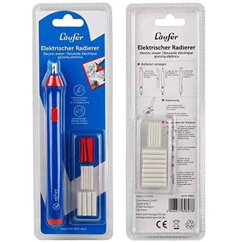 Produktbild: Läufer 69607 Elektrischer Radiergummi, batteriebetriebener Radierstift, wechselbare Aufsätze mit 2 Größen, inkl. 23 Radierer