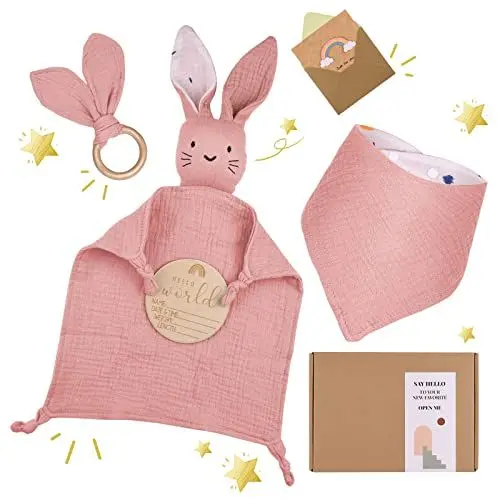 Produktbild: LAFERKA Baby Geschenk Mädchen - Geschenke Zur Geburt | Geschenke Zur Geburt für Mädchen mit 100% Baumwolle Schmusetuch+Lätzchen +Beißring+Baby Holzschild