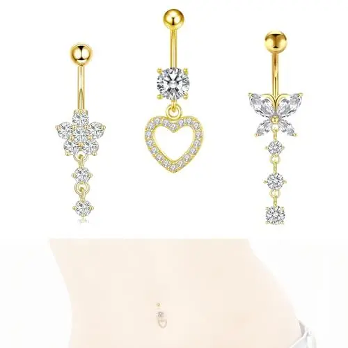Produktbild: lafomukea Bauchnabelpiercing 10 mm Gold Bauchpiercing Piercing, Chirurgenstahl Schmetterling Bauchnabel Schmuck, Herz, Blume Anhänger Piercing, Bauchnabel Schmuck