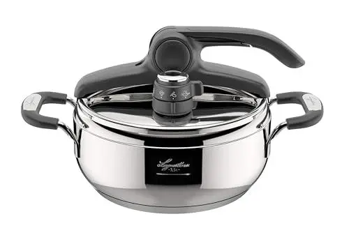 Produktbild: Lagostina Briosa LagoeasyUp Schnellkochtopf aus Edelstahl 18/10 mit einfacher Öffnung, Lagofusionboden und Zwei-Druckventil, Schnellkochtopf für Induktion und Gas, Fassungsvermögen 3,5 l