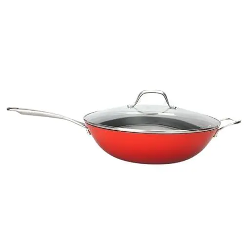 Produktbild: LAGUIOLE, Wok aus Gusseisen, 32 x 9 cm, rot – optimale Wärmespeicherung, leicht, langlebig, antihaftbeschichtet, elegantes Design, alle Wärmequellen, Induktion, 100% Gusseisen, 5 l, rot
