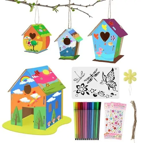 Produktbild: lahnao 4 Stück Vogelhaus Bausatz für Kinder, Kleine Handgemacht Vogelhaus Holz Kreative Bastelsets zu Bauen und Malen, Vogelkasten Basteln Geschenke für Mädchen Jungen