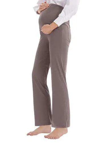 Produktbild: LaiEr Bequeme Umstandshosen Breites Bein Entspannende Yogahose mit extra Bauch-Panel Hosen Lounge Hosen Stretch Schwangerschaft Hose(Light Brown,Large)