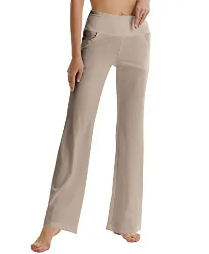 Produktbild: LaiEr Damen Bootcut Yogahose mit Taschen, hohe Taille, ausgestelltes Bootleg Yoga Workout Hose mit Seitentaschen, Hellbraun,M