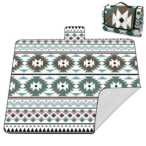 Produktbild: laimaimi Picknickdecke XXL 200x200 cm – extra groß, wasserdicht & waschbar, geometrisches Design in Beige, Grün & Blau, dick gepolstert mit Alubeschichtung, faltbar & tragbar – für Outdoor & Garten