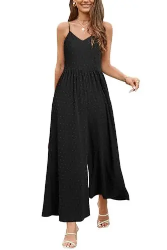 Produktbild: LAISHEN Jumpsuit Damen Sommer Overall Elegant Festlich Hochzeit Lang Hosenanzug Weites Bein Hose Playsuit mit Taschen (Schwarz, S)