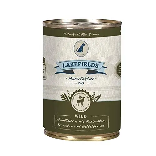 Produktbild: Lakefields - Premium Hundefutter Nass - Wild 59%, getreidefreies Nassfutter für Hunde, Dosenfleisch-Menü mit Wildfleisch, Karotte, Kartoffeln und Heidelbeeren, schonend gegart, 6 x 800g