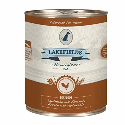 Produktbild: Lakefields - Premium Hundefutter Nass, Huhn 61%, getreidefreies Nassfutter für Hunde, Dosenfleisch-Menü mit Hühnerfleisch, Fenchel, Karotten, Kartoffeln und Apfel, schonend gegart, 6 x 800g