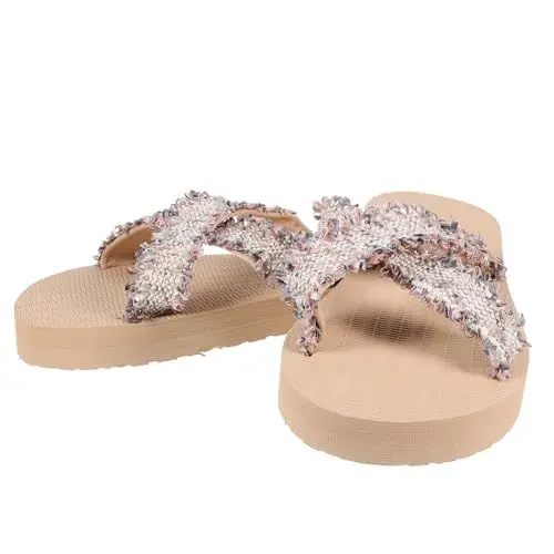 Produktbild: LALADEFIEE Sandalen Aus Strohimitat Flach Atmungsaktiv Für Damen Sommer Freizeit Strand Leicht Und Bequem Zu Tragen