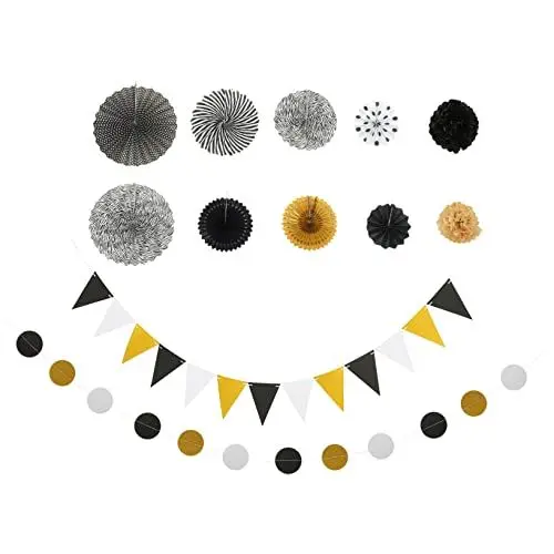 Produktbild: LALADEFIEE 20PC Halloween Papier Banner Schwarz Gold Papier Fan Set Papier Fan Dekorationen für Party Dekorationen