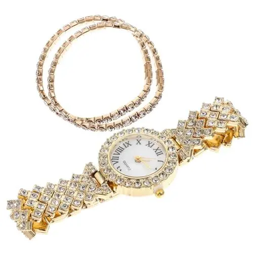 Produktbild: LALADEFIEE 2st Quarz-Armband Paare Armbänder Strassuhren Für Damen Bling Diamantarmband Für Damen Frauen Quarzuhr Strassarmband Für Damen Armband Mit Diamantuhr Gm2100 Rostfreier Stahl Golden