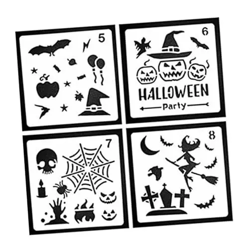 Produktbild: LALAFINA 13x13cm Halloween Themen Schablonen Set 4 Stück Pet Kunststoff Hohl-out Malerei Vorlagen für Handwerk