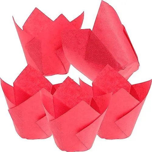 Produktbild: LALAFINA 50 Stück Tulpen-Cupcake-Förmchen Lebensmittelechte Cupcake-Förmchen Muffin-Backförmchen Tulpenpapier-Cupcake-Halter Rot