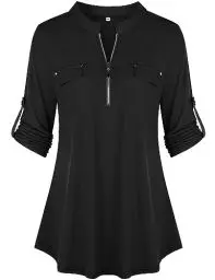 Produktbild: Lalala Bluse Damen Sommer Elegant Reissverschluss 3/4 Ärmel Shirt Karriere Hemden (A_schwarz,L)