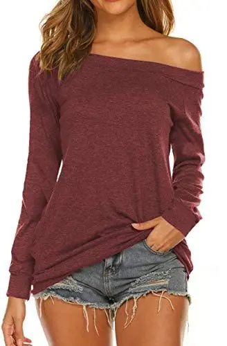 Produktbild: Lalala Oberteile Damen Langarm Elegant Bluse Off Shoulder Tunika Shirt (Weinrot,XL)
