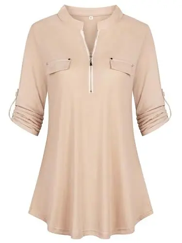 Produktbild: Lalala Damen 3/4 Länge Ärmel V Ausschnitt Flowy Tunika Blusen Arbeit Oberteile Shirts mit Reißverschlüssen Creme,XXL