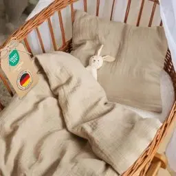 Produktbild: Laleni Baby Bettwäsche 80x80 cm aus Baumwolle - Musselin Bettwäsche Baby 80x80 + Musselin Kissenbezug 35x40 cm - Oeko-TEX zertifizierte Bettwäsche Sommer - Kinderwagen Bettwäsche Taupe 80x80