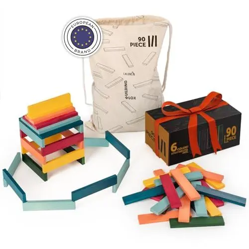 Produktbild: Laleni Holzbausteine Bunt 90 Stück Kiefer - Bausteine Bunt Holz - Holzklötze für Kinder - Holzklötzchen zum Spielen + Beutel - Holzspielzeug - Bauklötze - Holzstäbe zum Basteln - Bastelklötzchen Holz