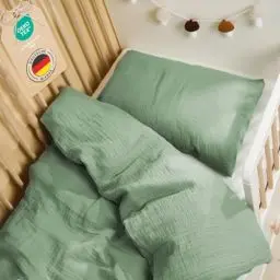 Produktbild: Laleni Kinderbettwäsche 100x135 cm aus Baumwolle - Musselin Bettwäsche Kinder 100 x 135 cm + Kissenbezug 40x60 cm - Oeko-TEX zertifizierte Bettwäsche Sommer - 100x135 Bettwäsche Grün Kinder
