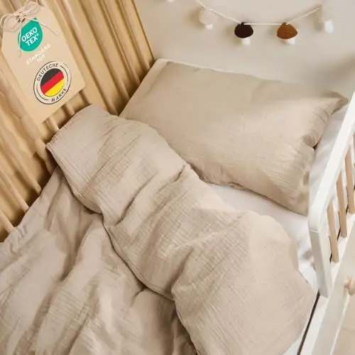 Produktbild: Laleni Kinderbettwäsche 100x135 cm aus Baumwolle - Musselin Bettwäsche Kinder 100 x 135 cm + Kissenbezug 40x60 cm - Oeko-TEX zertifizierte Bettwäsche Taupe - Kinderbettwäsche Set 100x135 cm