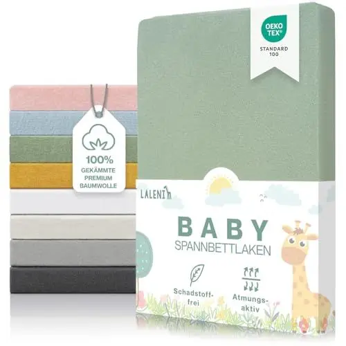 Produktbild: Laleni Premium Spannbettlaken 70x140x15 cm Babybett 2er Set | Oeko-TEX zertifiziertes Bettlaken 70x140 Kinderbett | Kinderbettwäsche 70x140 100% Baumwolle | Spannbettlaken 70x140 cm Baby in Grün
