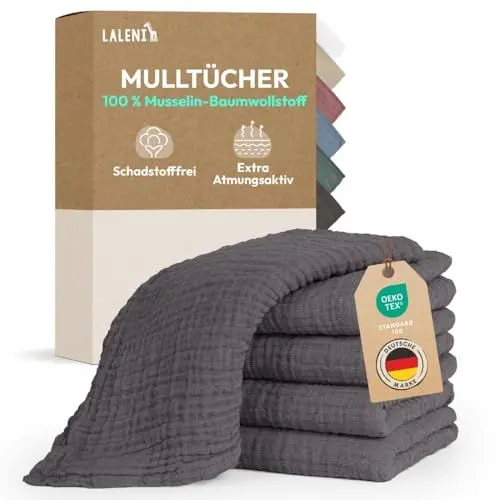 Produktbild: Laleni Spucktücher Baby im 10er Set aus reiner Baumwolle - schadstofffreie Mulltücher Baby 70x70 - zert.saugstarke Mussellintücher weich - Musselin Tuch als Mullwindel waschbare Mulltücher - Anthrazit