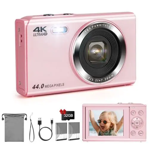 Produktbild: LAMA Digitalkamera, Mini Digitalkameras 4K 44MP Fotokamera Autofokus Kompaktkamera, 2,4 '' LCD 16X Zoom Blitz Digital Kamera mit 32G Karte, 2 Akku, Fotokamera für Kinder, Teenager, Anfänger(Rosa)