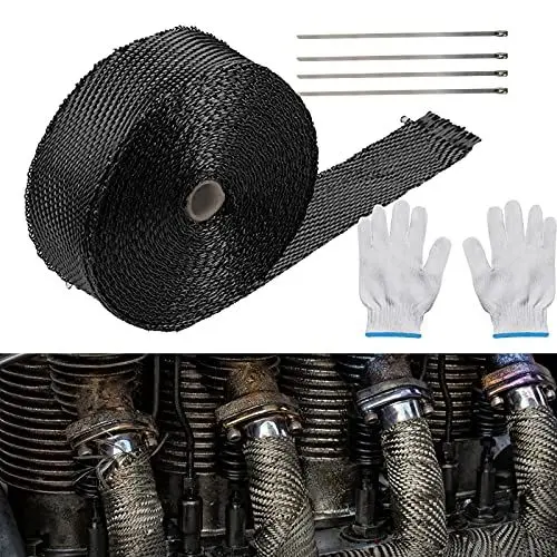 Produktbild: LAMEK 10 M Schwarz Hitzeschutzband Motorrad Basaltfaser Auspuffband Hitzeschutz Auspuff Band mit 10 Kabelbinder Nylonhandschuhe Hitzebeständig Thermoband für Fächerkrümmer Auspuffanlagen