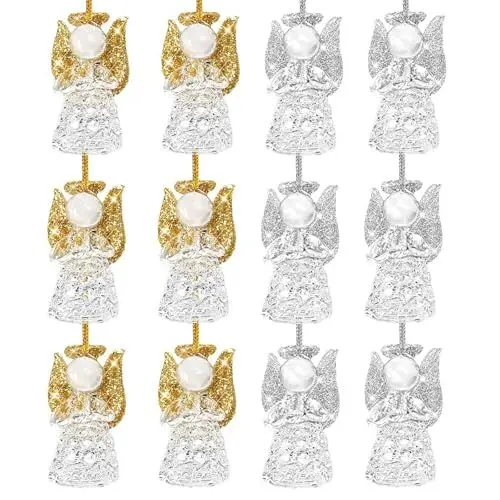 Produktbild: LAMEK 12 Stück Glas Engel Anhänger Schutzengel Weihnachtsbaum Schmuck Glückengel Christbaumschmuck Glücksbringer Ornamente Hängende Weihnachtsschmuck für Kamin Adventskranz Weihnachtsbaum Tür Fenster