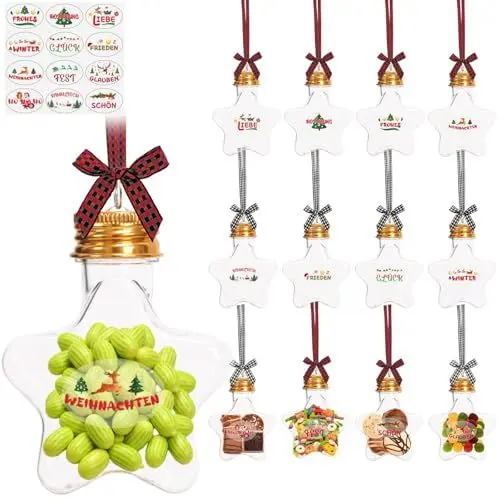 Produktbild: LAMEK 12 Stück Weihnachtskugeln zum Befüllen 50ml Christbaumkugeln Stern Weihnachtsbaum Anhänger Transparente Weihnachten Flaschen Füllbare Baumschmuck für Bonbon Getränke Mini Weihnachten Geschenke