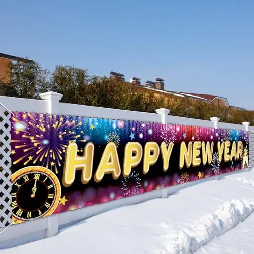 Produktbild: LAMEK 2025 Neujahr Banner Extra Lange Silvesterparty Banner Happy New Year Partysbanner Schwarz Gold Silvester Deko Drinnen Draußen Neujahrsdeko für Garten Wand Tür