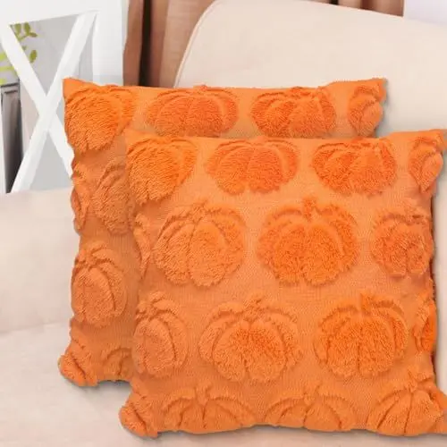 Produktbild: LAMEK 2 Stück Kürbis Kissenbezug 45x45 cm Herbst Kissenhülle Herbstmotiv Kissen ohne Spruch Pumpkin Dekorative Sofakissen Herbstdeko für Innen Auto Sofa Schlafzimmer Wohnzimmer