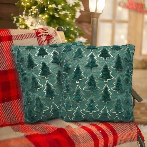 Produktbild: LAMEK 2 Stück Weihnachtsbaum Kissenbezug 45x45 cm Weihnachten Baum Kissenhülle Weihnachts Kissen ohne Spruch Christsbaum Dekorative Sofakissen Weihnachtsdeko für Schlafzimmer Wohnzimmer, Grün+Grün