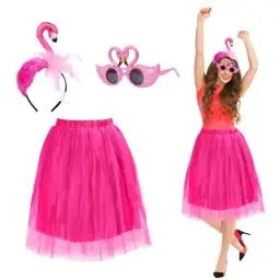 Produktbild: LAMEK 3Tlg Flamingo Kostüm Set Hawaii Party Accessoires mit Flamingos Haarreif Sonnenbrille Rock Tropische Partyskostüm für Damen Sommer Hula Party Beachparty Strandtanz Karneval