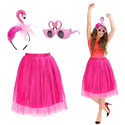 Produktbild: LAMEK 3Tlg Flamingo Kostüm Set Hawaii Party Accessoires mit Flamingos Haarreif Sonnenbrille Rock Tropische Partyskostüm für Damen Sommer Hula Party Beachparty Strandtanz Karneval