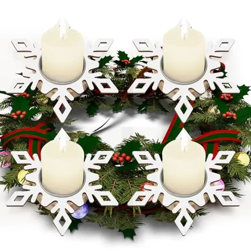 Produktbild: LAMEK 4 Stück Weihnachten Teelichthalter Schneeflocke Kerzenständer zum Bemalen Holz Adventskranz Kerzenhalter Stabkerzenhalter Bastelset für Advent Tischdeko Adventskerzenhalter Weihnachtsdeko