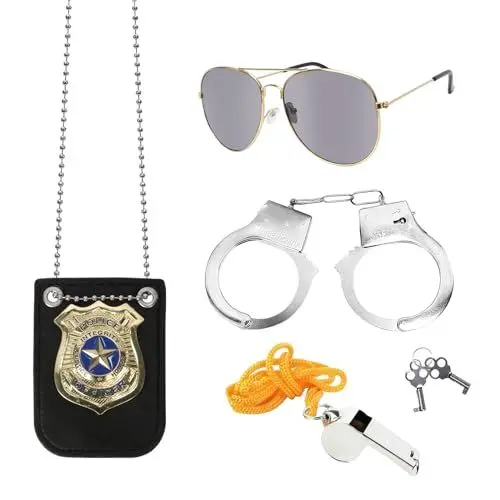 Produktbild: LAMEK 4 TLG Polizei Kostüm Kinder Polizei Accessoires mit Handschellen Polizeiabzeichen Sonnenbrille Trillerpfeife Cool Kostüm Zubehör FBI Partyskostüm für Party Karneval Halloween Cosplay Mottoparty