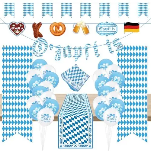 Produktbild: LAMEK 63Tlg Oktoberfest Deko Set Bayrische Banner Dekoration Bayern Deko mit O'zapft is Wimpelkette Oktoberfest Servietten Bavaria Tischläufer Wiesn Banner für Bierzelten München Bier Festival