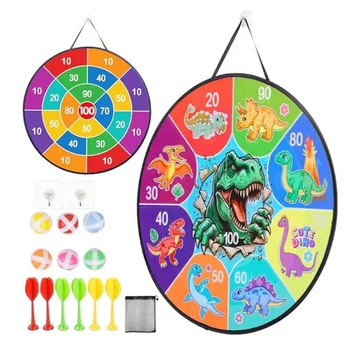 Produktbild: LAMEK 66cm Doppelseitige Klett Dartscheibe Kinder Dino mit 6 klebrigen Bällen 6 Darts Dart Klettball Dartspiel Faltbares Klettballspiel Drinnen Draußen Wurfspiel für ab 3 Jahre Jungen Mädchen