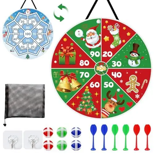 Produktbild: LAMEK 66cm Weihnachten Dartscheibe Kinder Doppelseitige Klett Dartspiel Faltbares Schneeflocke Klettballspiel Weihnachtsmann Wurfspiel Scheibe Innen Draußen für Jungen Mädchen Weihnachten Winter