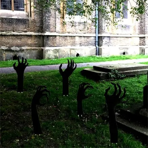 Produktbild: LAMEK Hände Hof Schilder Halloween Outdoor Dekoration Schwarz Silhouette Gartenstecker Gruselige Gartendeko mit 10 Holzstock Party Deko für Halloween Karneval Außenbereich Rasen, 31x15cm