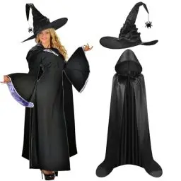 Produktbild: LAMEK Hexen Umhang mit Kapuze 110cm Lange Halloween Kostüm mit Hexenhüt Schwarz Hexenkostüm Mystischer Kapuzenumhang für Herren Damen Halloween Cosplay Karneval Maskerade